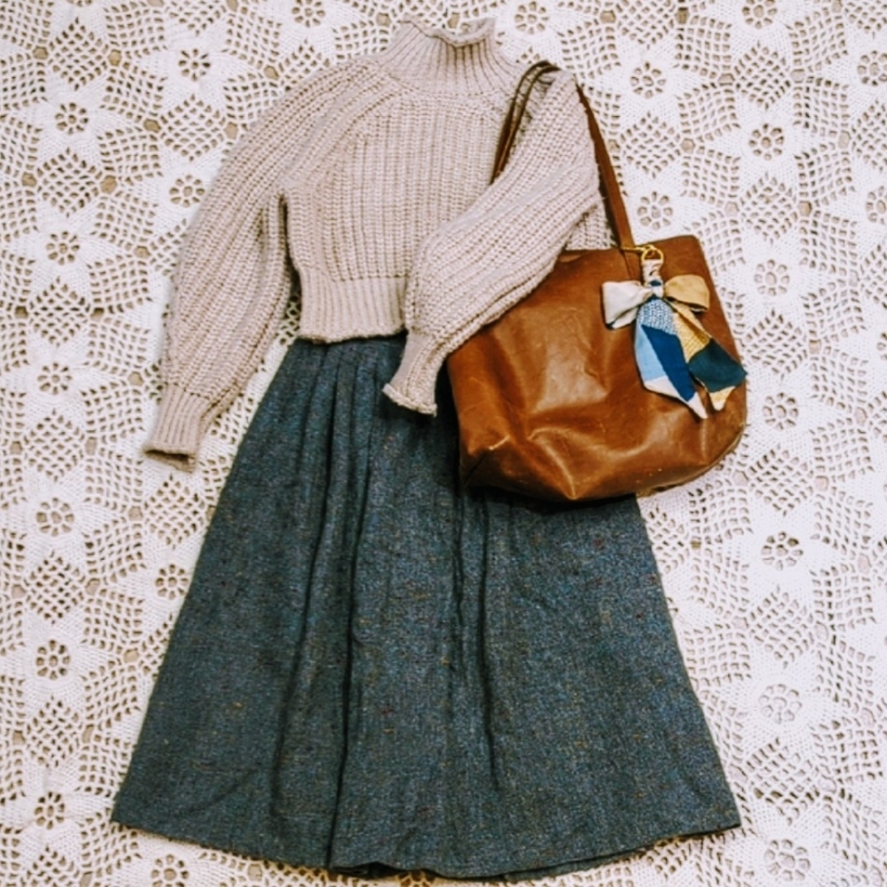 Wool Blend Pleated Button Subtle Confetti Skirt